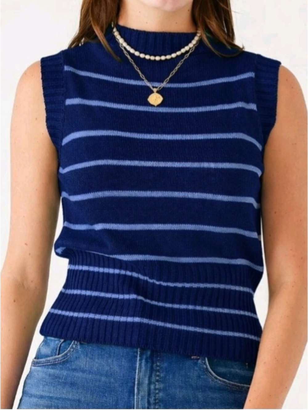 Mersea Sleeveless Sweater Top Breton Women's Size Large Blue Striped Navy Blue